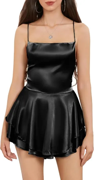 Women Sexy Low Cut Satin Mini Dress Jumpsuits Y2k Deep V Spaghetti Strap Bodycon Dress Solid Slimd Going Out Dress