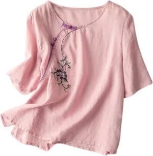 Women Short Sleeve Cotton Linen Shirt Casual Crew Neck Oversized T Shirts Solid Color Loose Fit Summer Tshirt