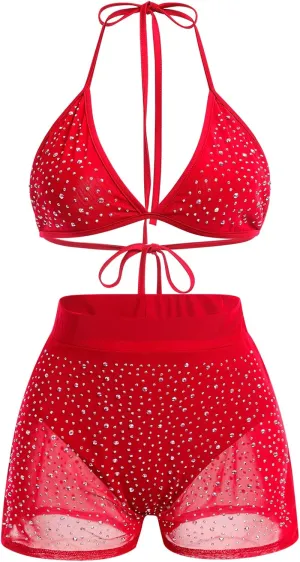 Women Sparkle Rhinestone Mesh Sheer Bikini Sets Halter Bra Top High Waist Shorts Bottom Swimsuits Rave Outfit