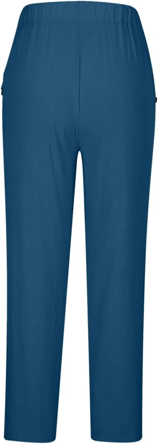 Women Straight Leg Pants High Waisted Stretchy Business Work Casual Trousers Lightweight Baggy Beachwear with Pockets