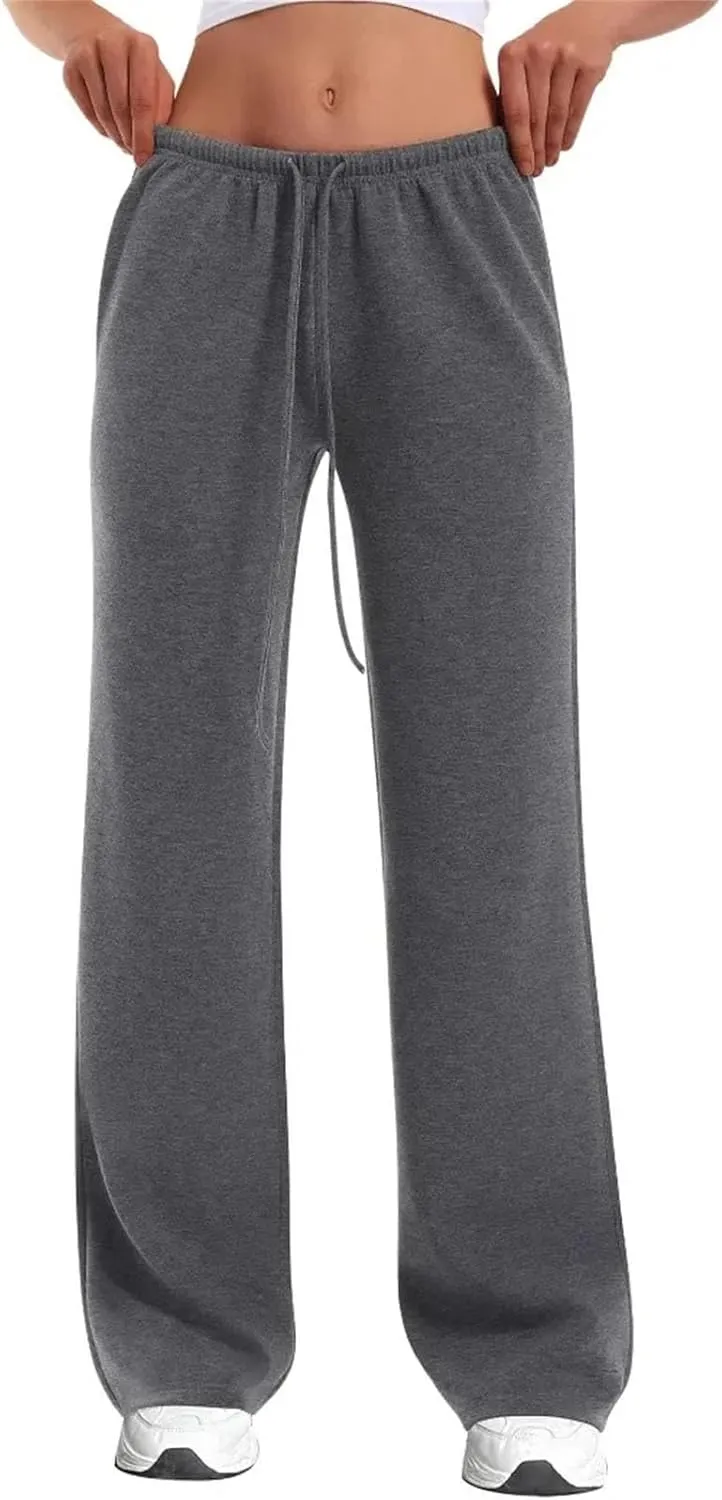 Women Stretch Cotton Wide Leg Pants Adjustable Tie Waist Casual Palazzo Trousers Pockets Sweatpants