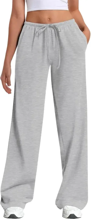 Women Stretch Cotton Wide Leg Pants Adjustable Tie Waist Casual Palazzo Trousers Pockets Sweatpants