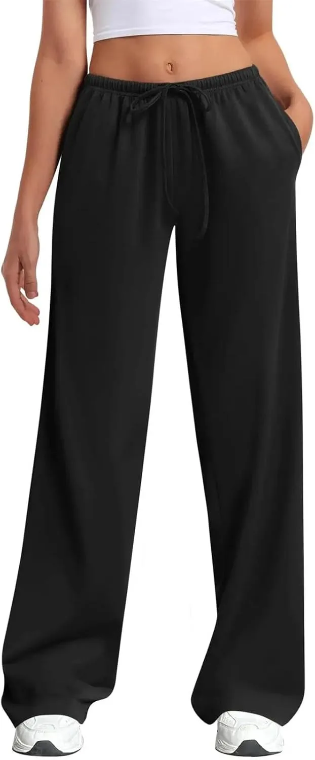 Women Stretch Cotton Wide Leg Pants Adjustable Tie Waist Casual Palazzo Trousers Pockets Sweatpants