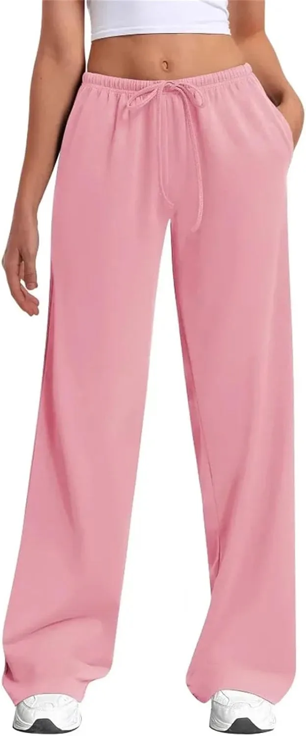 Women Stretch Cotton Wide Leg Pants Adjustable Tie Waist Casual Palazzo Trousers Pockets Sweatpants