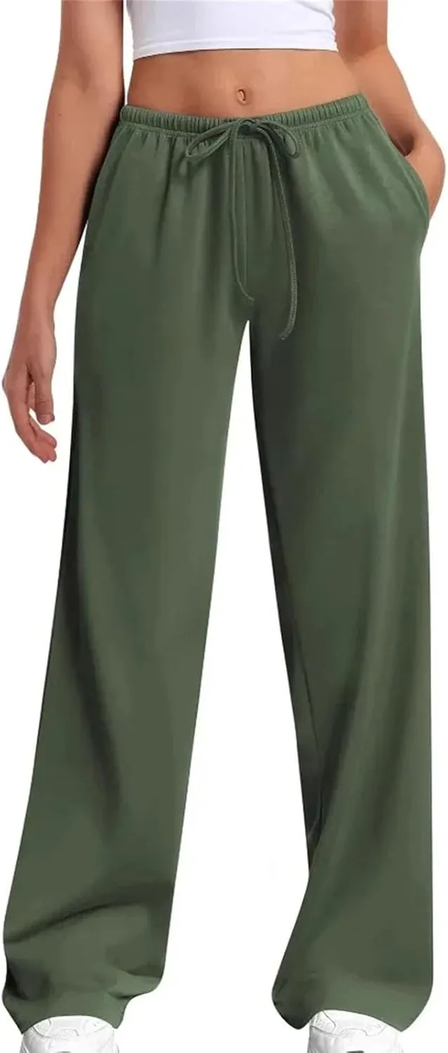 Women Stretch Cotton Wide Leg Pants Adjustable Tie Waist Casual Palazzo Trousers Pockets Sweatpants
