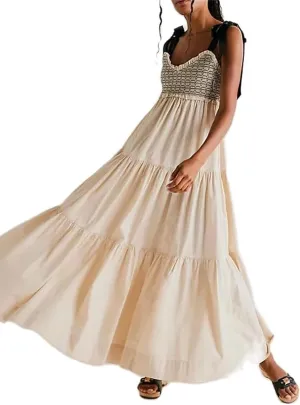 Women Summer Boho Dress Floral Printing Sleeveless Tie Shoulder Flowy Maxi Dress Y2k Beachwear Sundress
