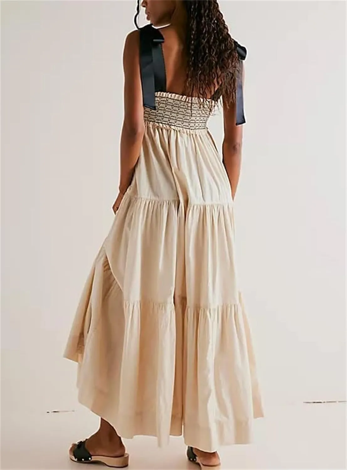 Women Summer Boho Dress Floral Printing Sleeveless Tie Shoulder Flowy Maxi Dress Y2k Beachwear Sundress
