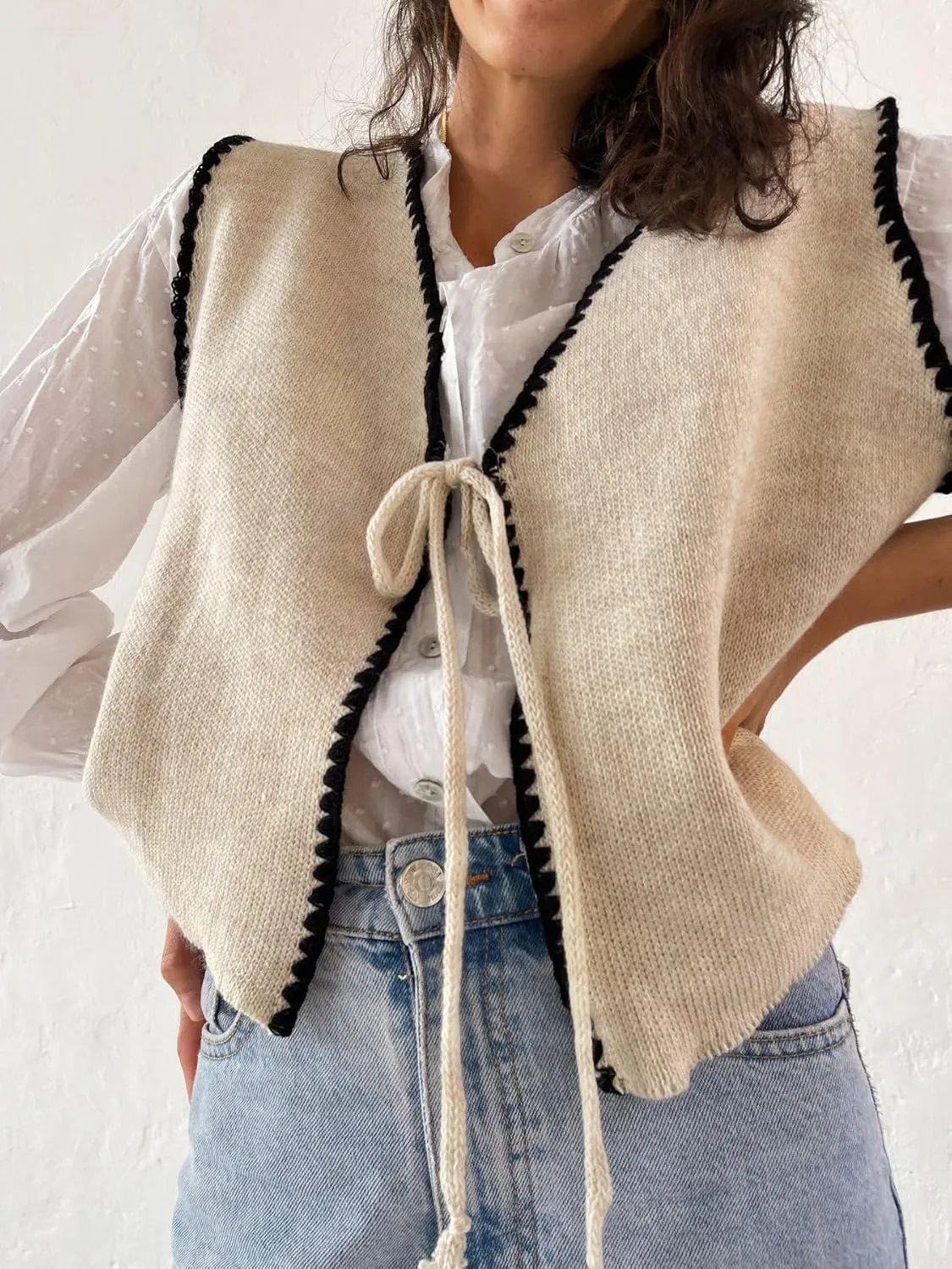 Women Tie Front Crochet Vest Sleeveless Sweater Tank Tops Open Front V Neck Knit Cardigan Going Out