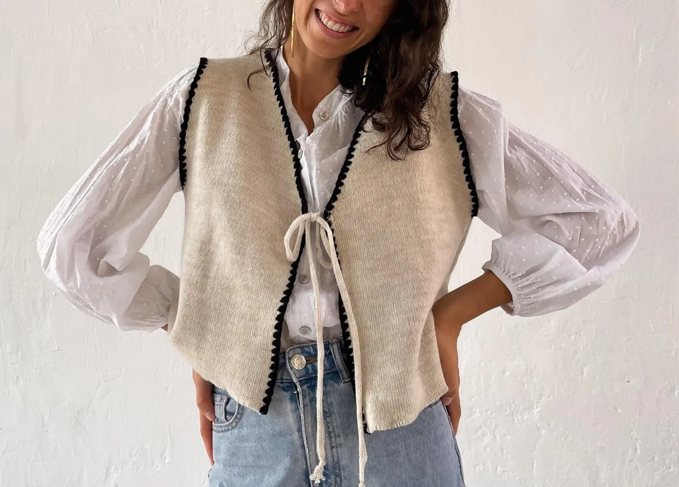 Women Tie Front Crochet Vest Sleeveless Sweater Tank Tops Open Front V Neck Knit Cardigan Going Out