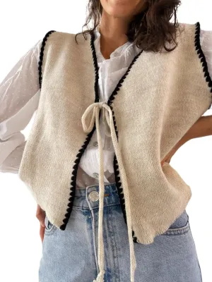 Women Tie Front Crochet Vest Sleeveless Sweater Tank Tops Open Front V Neck Knit Cardigan Going Out
