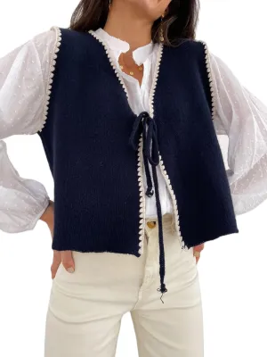 Women Tie Front Crochet Vest Sleeveless Sweater Tank Tops Open Front V Neck Knit Cardigan Going Out