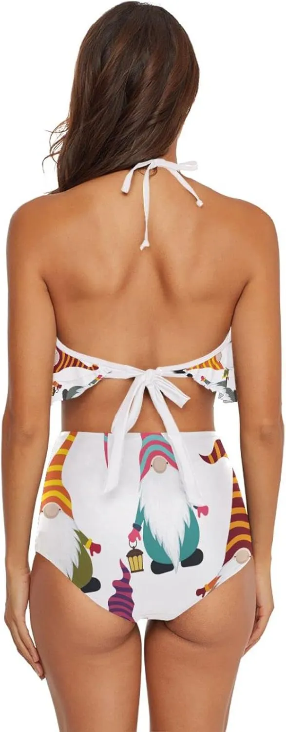 Women Two Piece Swimsuits Ruffle Flounce Halter High Waisted Bikini Bottom