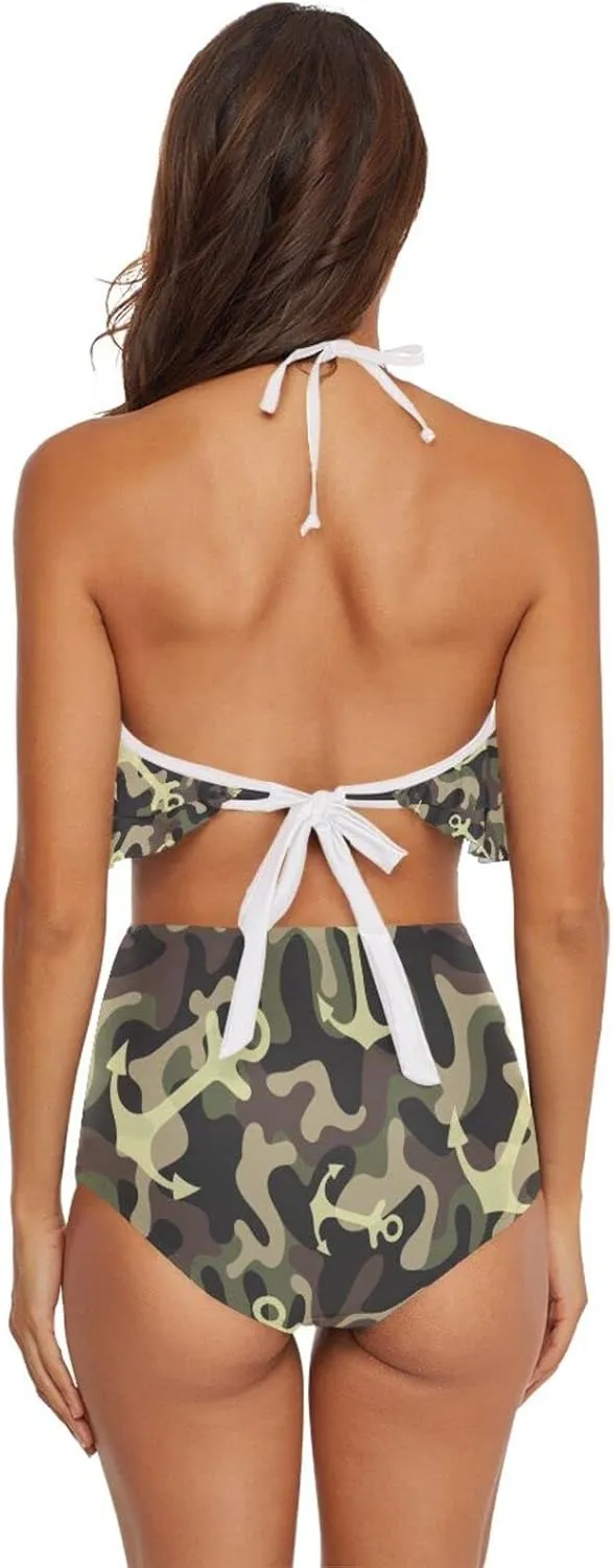 Women Two Piece Swimsuits Ruffle Flounce Halter High Waisted Bikini Bottom