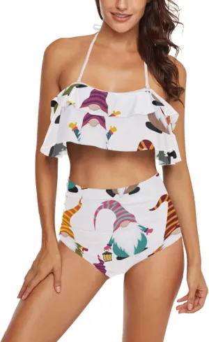 Women Two Piece Swimsuits Ruffle Flounce Halter High Waisted Bikini Bottom