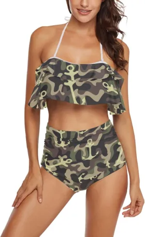 Women Two Piece Swimsuits Ruffle Flounce Halter High Waisted Bikini Bottom