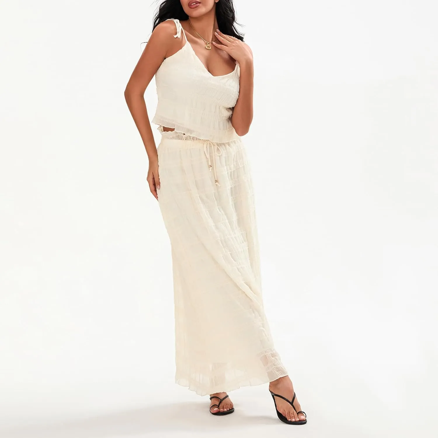 Women Y2k 2 Piece Maxi Skirt Set Open Back Halter Neck Tie Crop Top Pleated Long Skirt Fairy Aesthetic Lace Beachwear