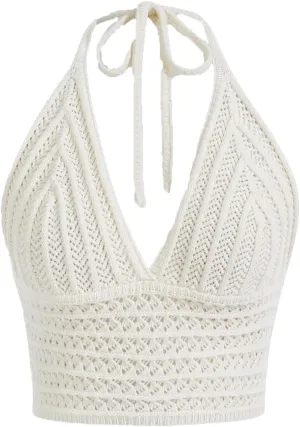 Women Y2k Cute Crochet Knit Crop Halter V Neck Cami Tops Open Back Bow Tie Fitted Sweater Tank Vest Summer Shirts