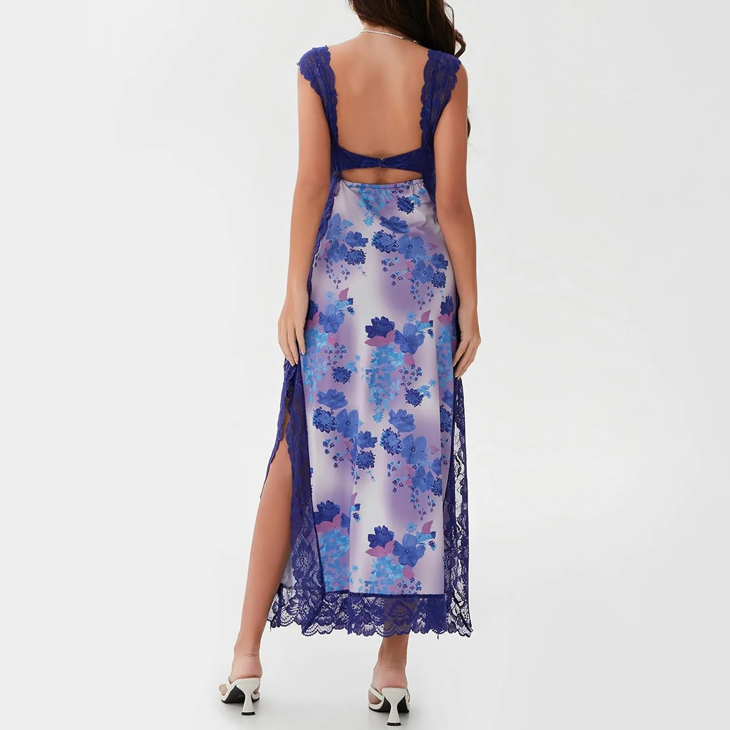 Women Y2k Sleeveless Maxi Dress V Neck Lace Patchwork Floral Cutout High Split Long Dress Sexy Fairy Slim Beachwear