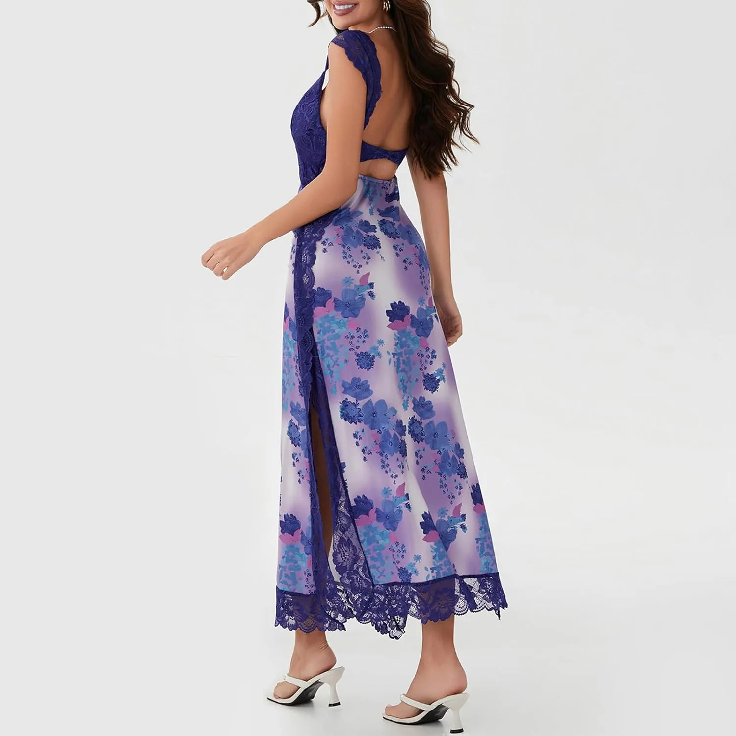 Women Y2k Sleeveless Maxi Dress V Neck Lace Patchwork Floral Cutout High Split Long Dress Sexy Fairy Slim Beachwear