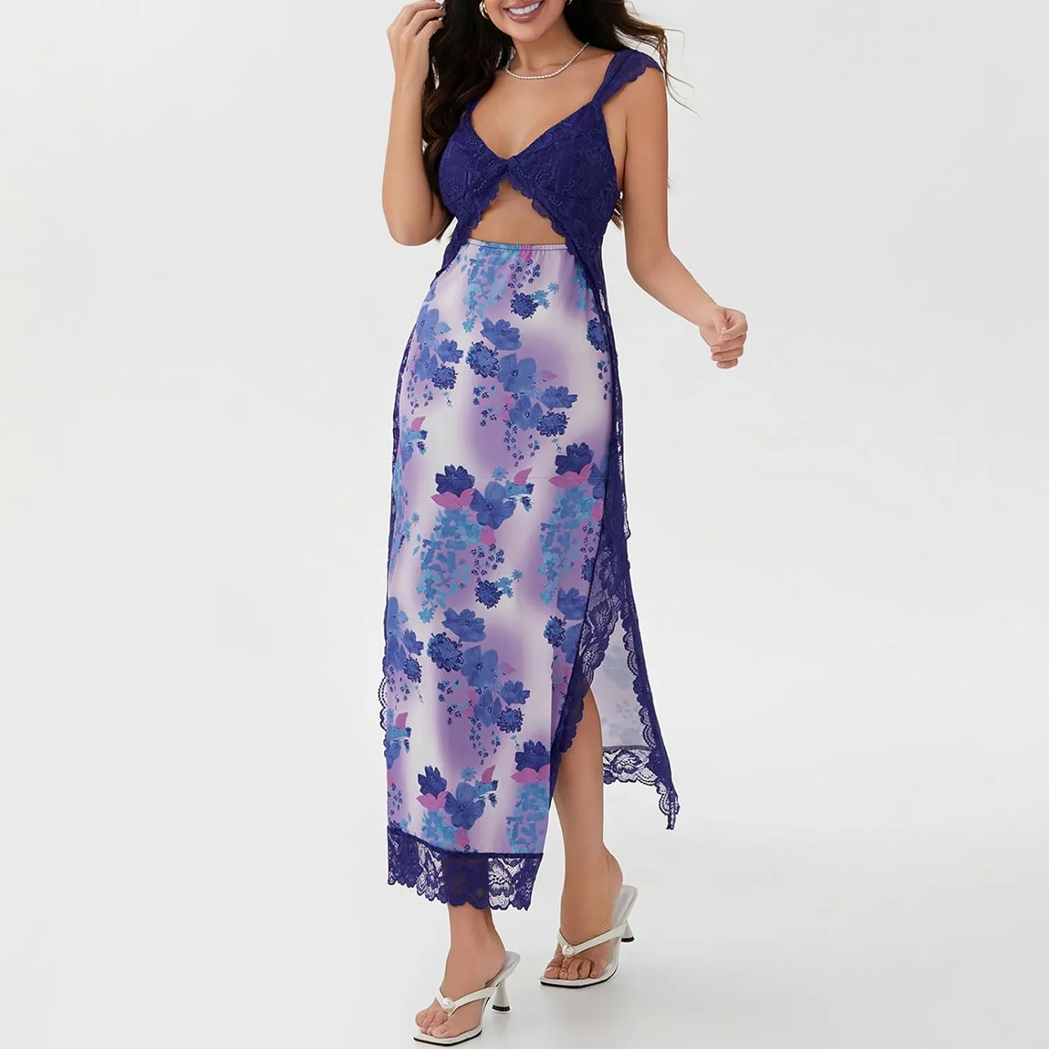 Women Y2k Sleeveless Maxi Dress V Neck Lace Patchwork Floral Cutout High Split Long Dress Sexy Fairy Slim Beachwear