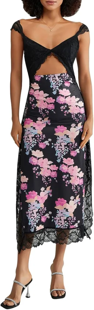 Women Y2k Sleeveless Maxi Dress V Neck Lace Patchwork Floral Cutout High Split Long Dress Sexy Fairy Slim Beachwear