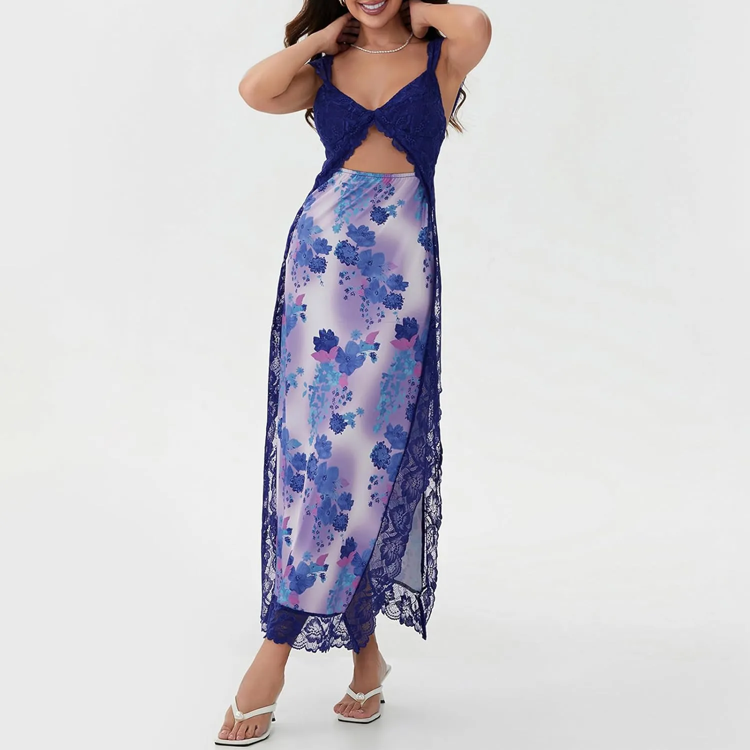 Women Y2k Sleeveless Maxi Dress V Neck Lace Patchwork Floral Cutout High Split Long Dress Sexy Fairy Slim Beachwear