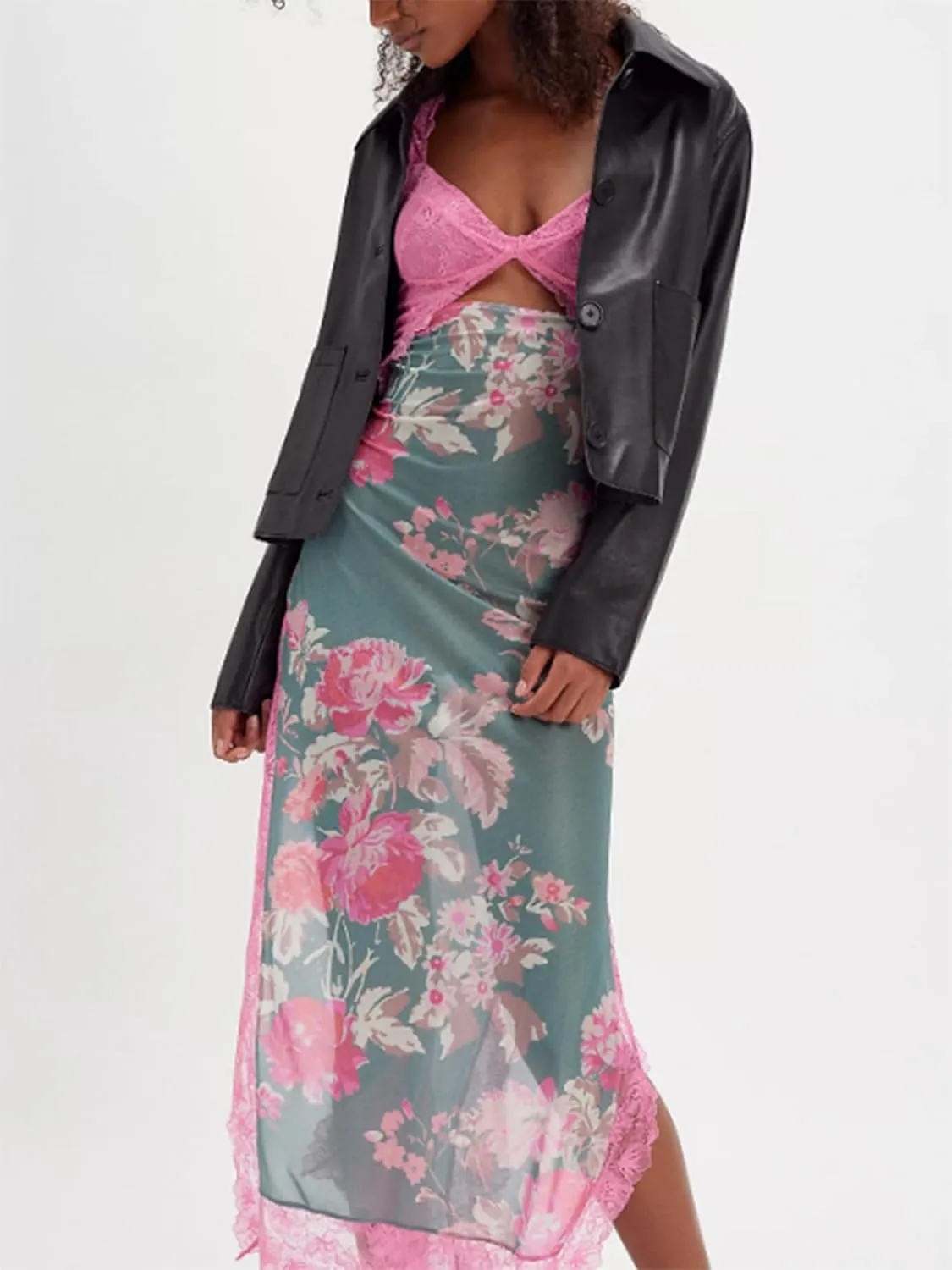 Women Y2k Sleeveless Maxi Dress V Neck Lace Patchwork Floral Cutout High Split Long Dress Sexy Fairy Slim Beachwear