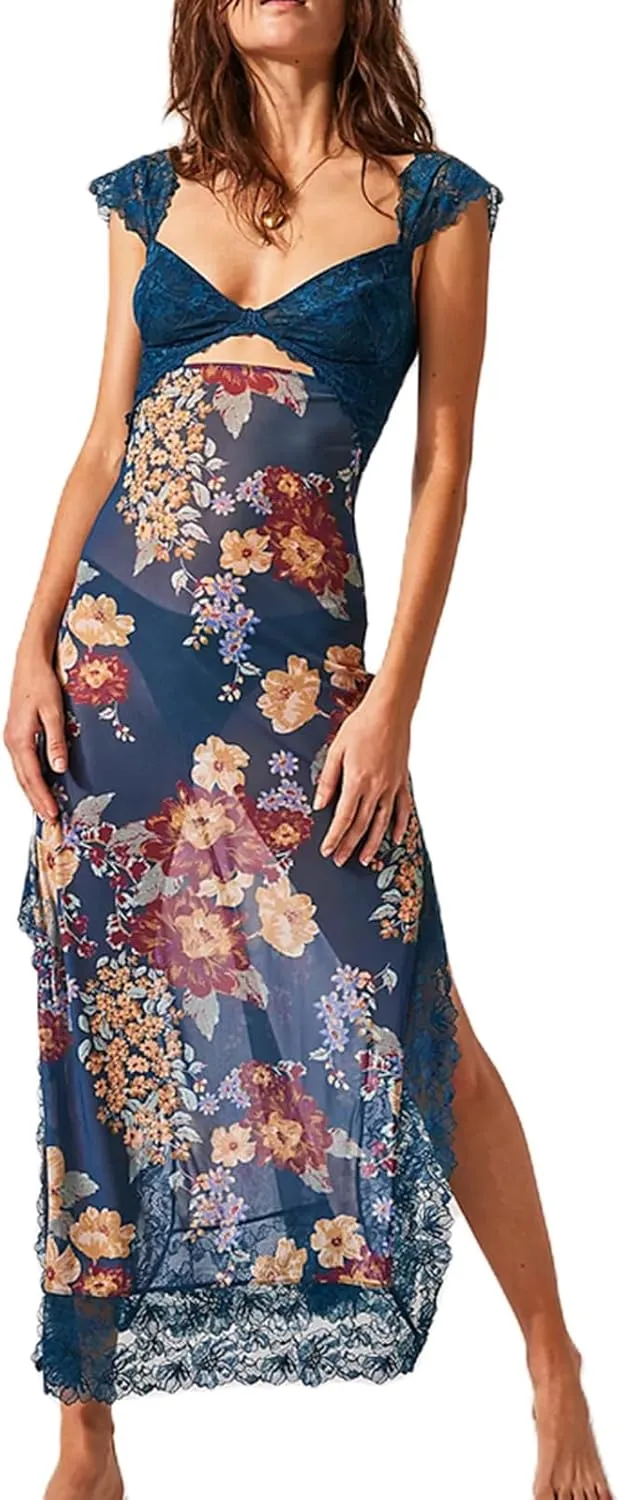 Women Y2k Sleeveless Maxi Dress V Neck Lace Patchwork Floral Cutout High Split Long Dress Sexy Fairy Slim Beachwear
