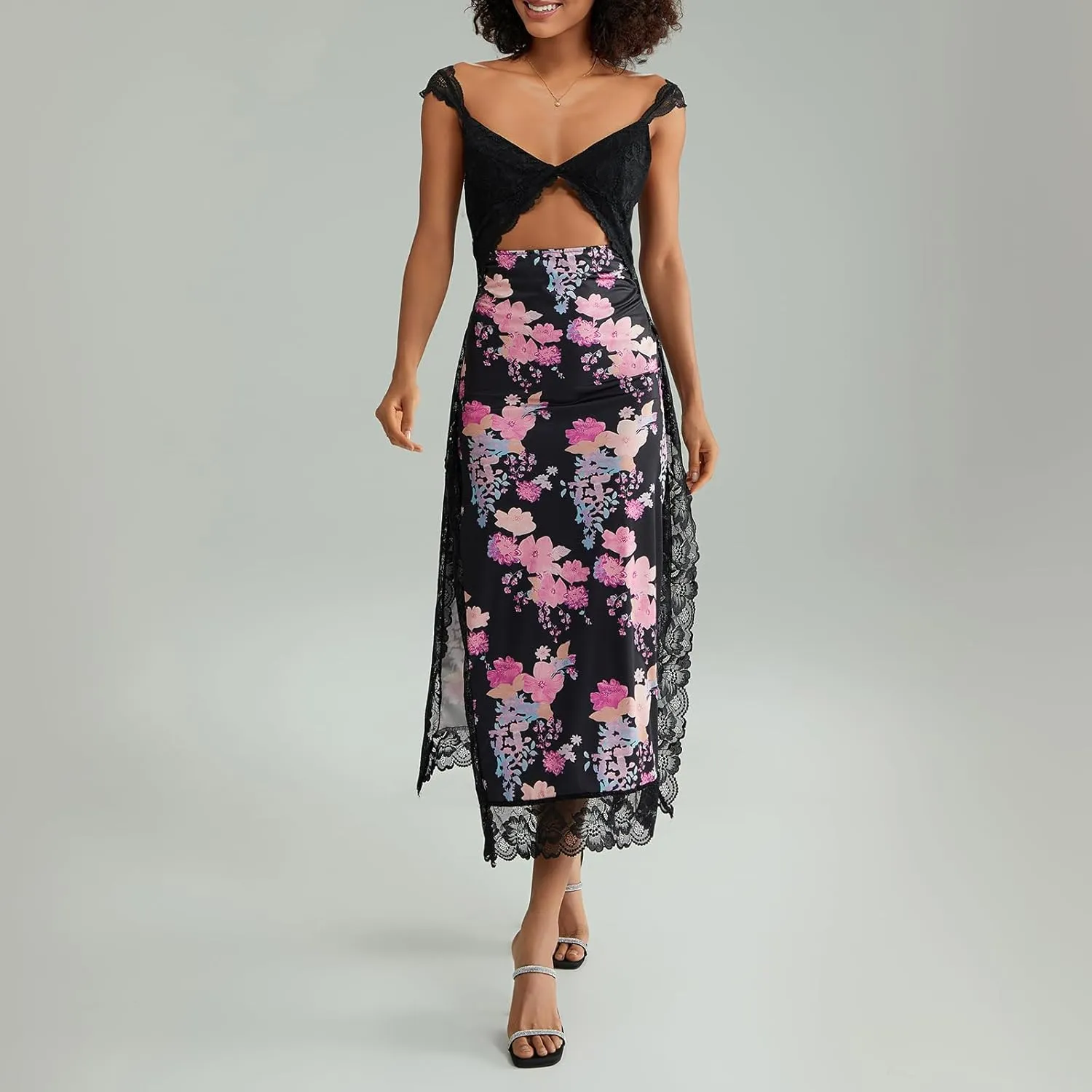Women Y2k Sleeveless Maxi Dress V Neck Lace Patchwork Floral Cutout High Split Long Dress Sexy Fairy Slim Beachwear