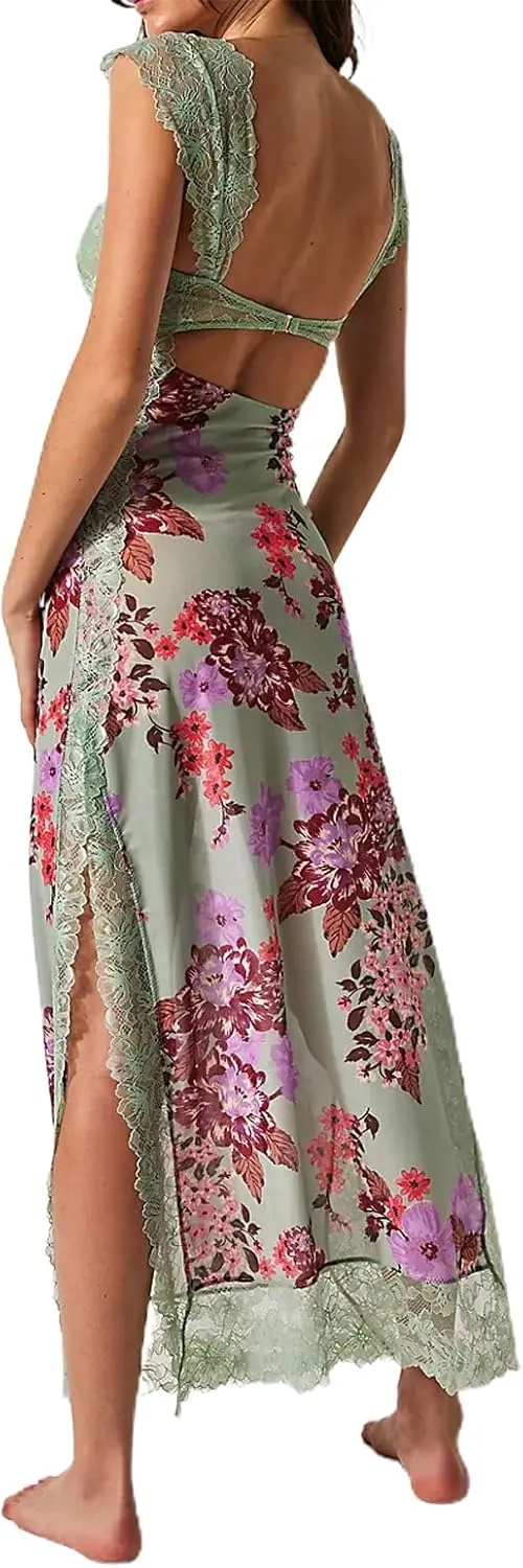 Women Y2k Sleeveless Maxi Dress V Neck Lace Patchwork Floral Cutout High Split Long Dress Sexy Fairy Slim Beachwear