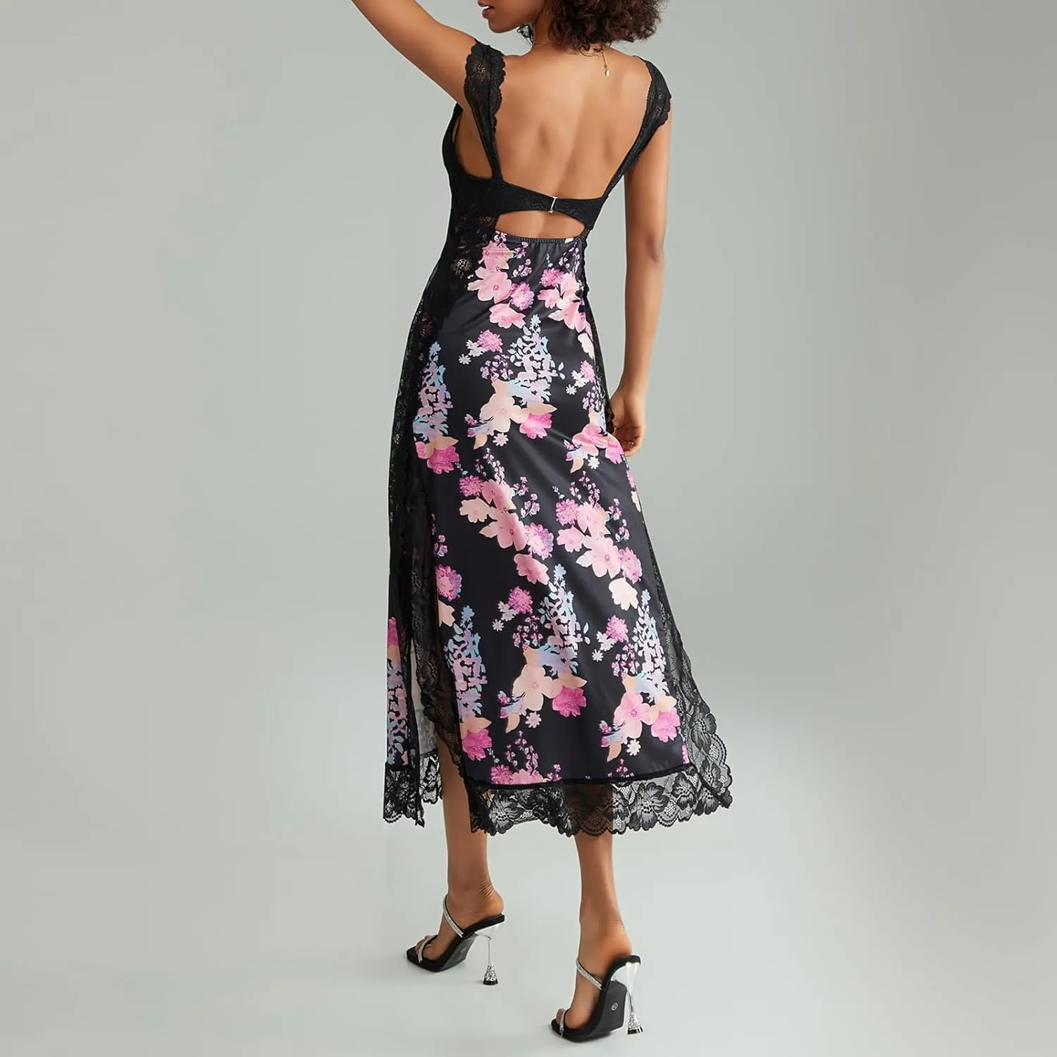 Women Y2k Sleeveless Maxi Dress V Neck Lace Patchwork Floral Cutout High Split Long Dress Sexy Fairy Slim Beachwear