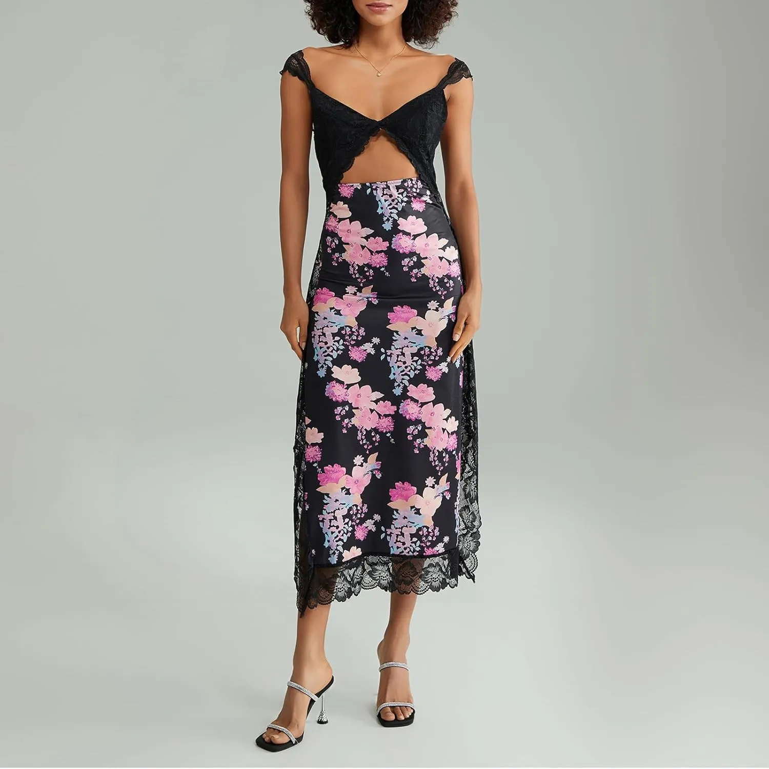 Women Y2k Sleeveless Maxi Dress V Neck Lace Patchwork Floral Cutout High Split Long Dress Sexy Fairy Slim Beachwear