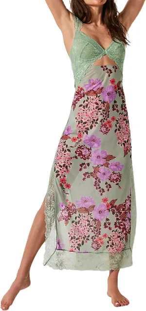 Women Y2k Sleeveless Maxi Dress V Neck Lace Patchwork Floral Cutout High Split Long Dress Sexy Fairy Slim Beachwear