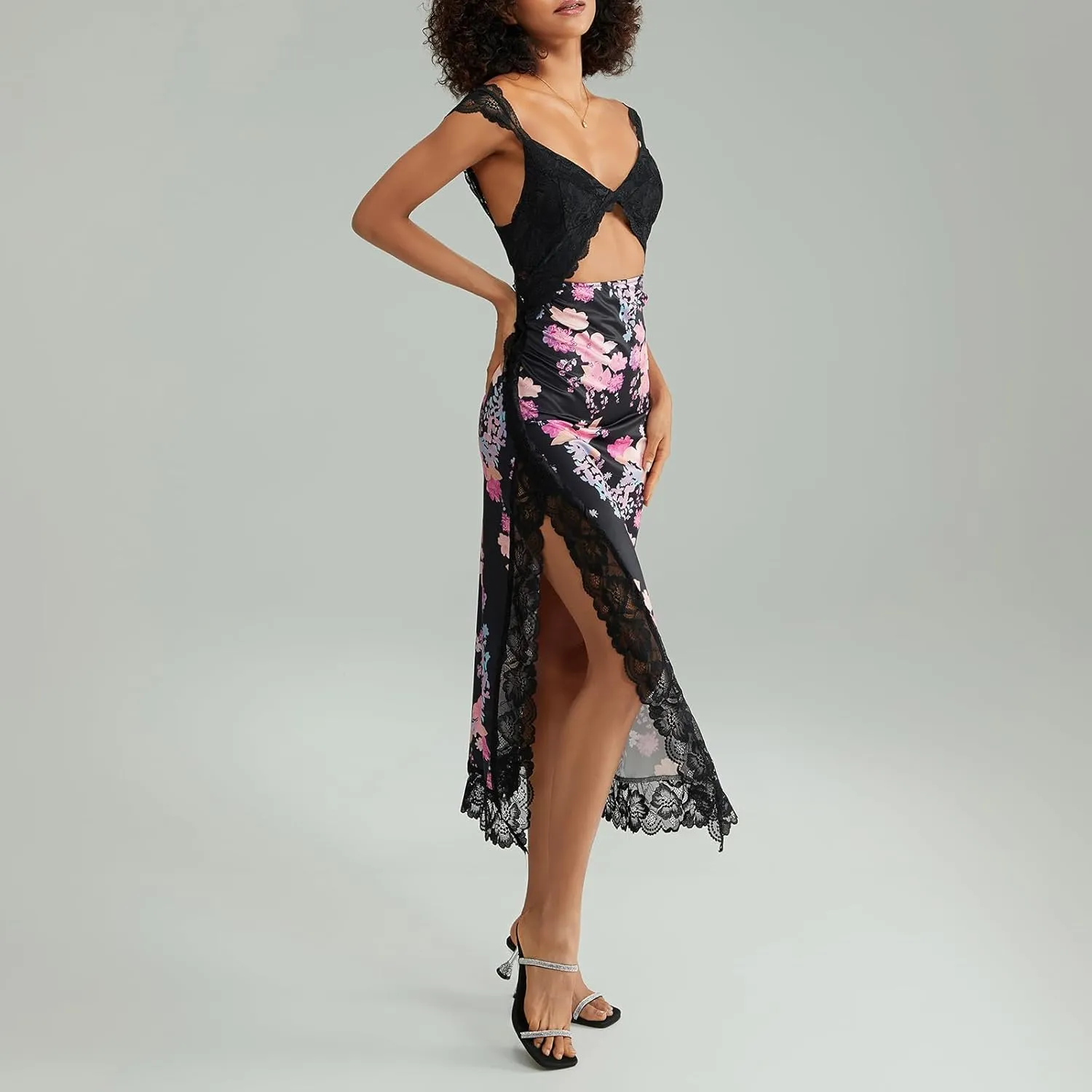 Women Y2k Sleeveless Maxi Dress V Neck Lace Patchwork Floral Cutout High Split Long Dress Sexy Fairy Slim Beachwear