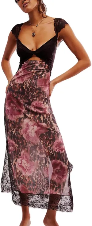 Women Y2k Sleeveless Maxi Dress V Neck Lace Patchwork Floral Cutout High Split Long Dress Sexy Fairy Slim Beachwear