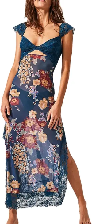 Women Y2k Sleeveless Maxi Dress V Neck Lace Patchwork Floral Cutout High Split Long Dress Sexy Fairy Slim Beachwear