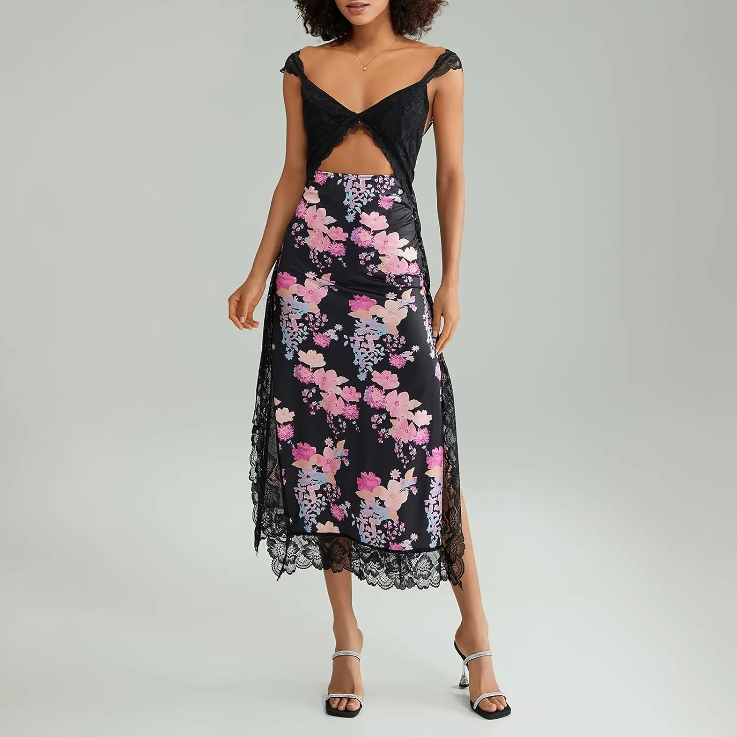 Women Y2k Sleeveless Maxi Dress V Neck Lace Patchwork Floral Cutout High Split Long Dress Sexy Fairy Slim Beachwear