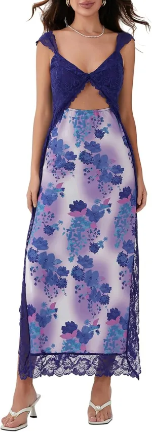 Women Y2k Sleeveless Maxi Dress V Neck Lace Patchwork Floral Cutout High Split Long Dress Sexy Fairy Slim Beachwear