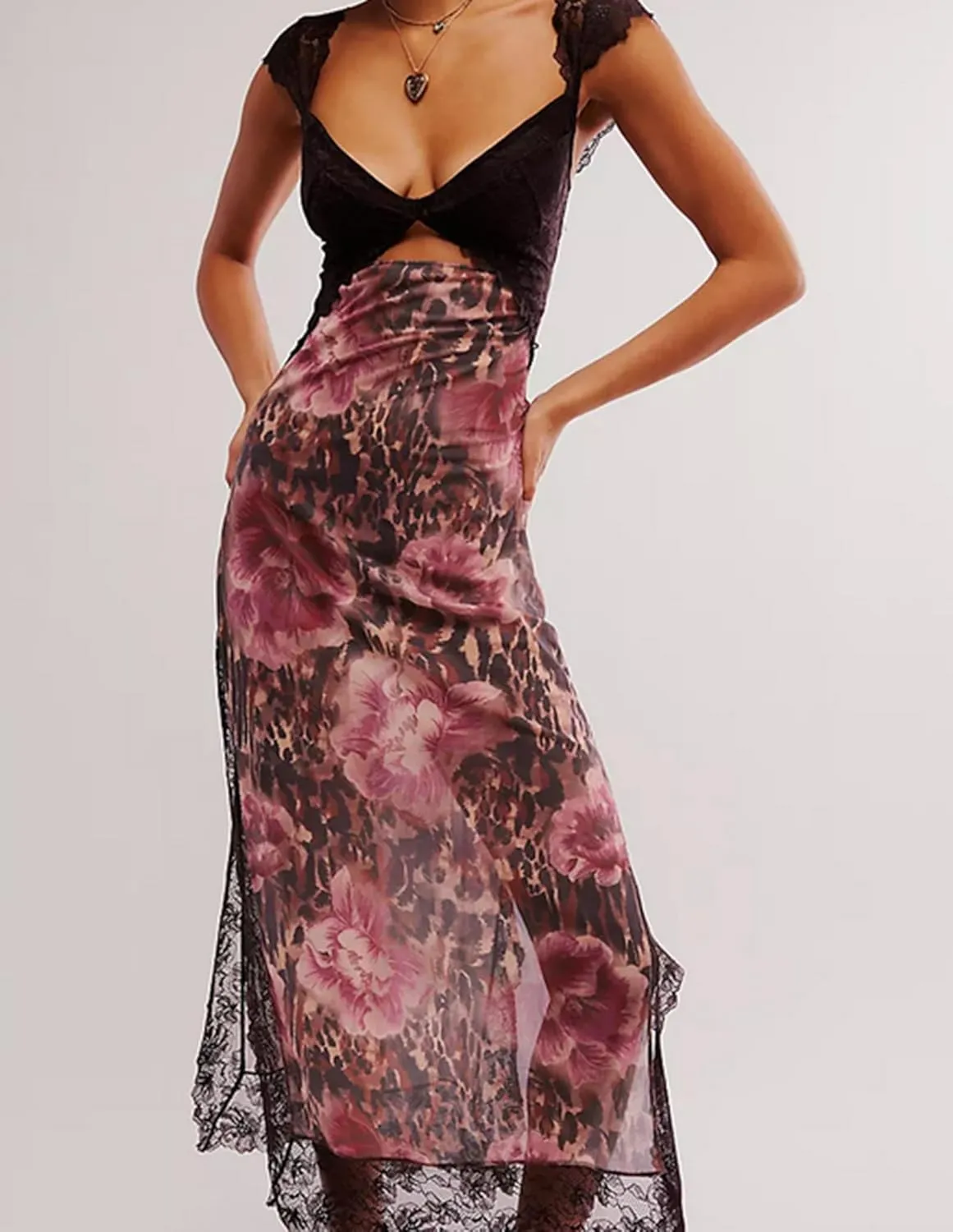 Women Y2k Sleeveless Maxi Dress V Neck Lace Patchwork Floral Cutout High Split Long Dress Sexy Fairy Slim Beachwear
