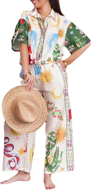 Womens 2 Piece Boho Pants Sets Printed Short Sleeve Button Down Shirt Wide Leg Pants Lounge Set Matching Outfits Beachwear