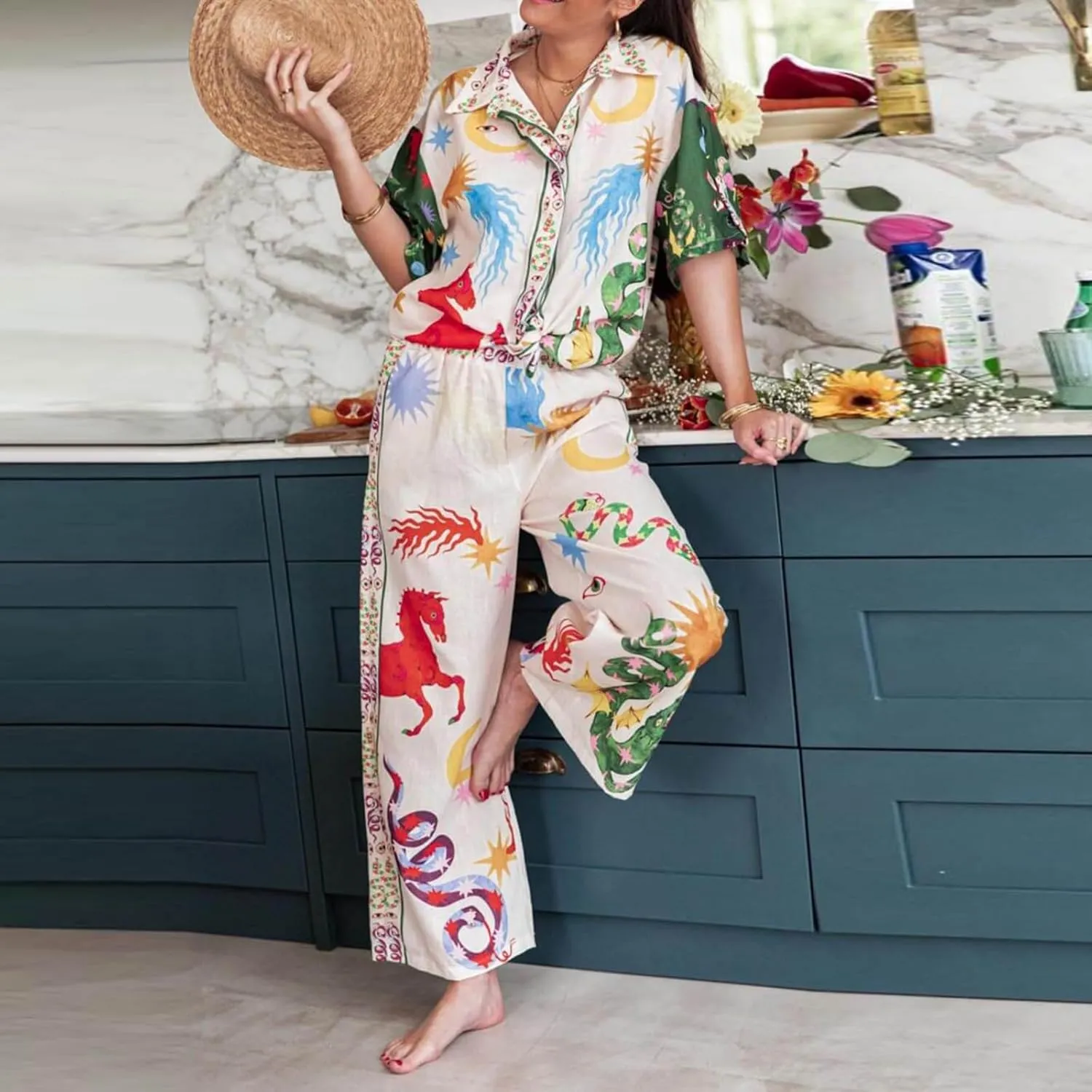 Womens 2 Piece Boho Pants Sets Printed Short Sleeve Button Down Shirt Wide Leg Pants Lounge Set Matching Outfits Beachwear