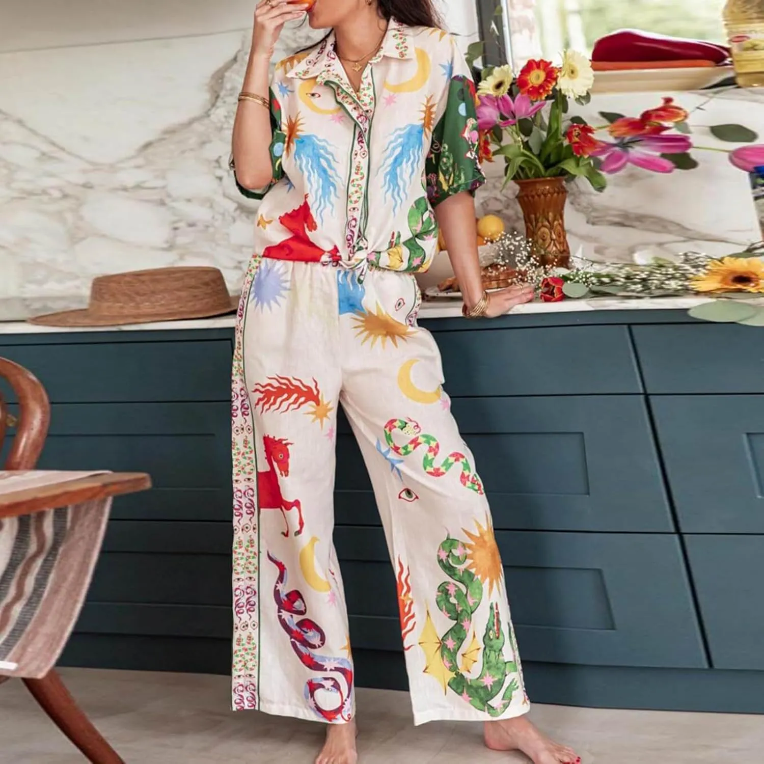 Womens 2 Piece Boho Pants Sets Printed Short Sleeve Button Down Shirt Wide Leg Pants Lounge Set Matching Outfits Beachwear