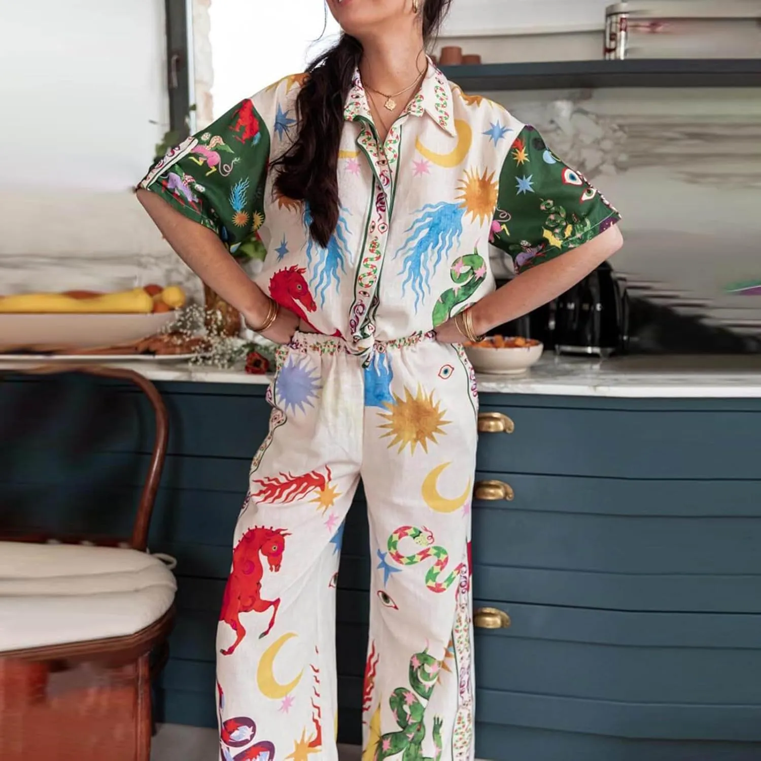 Womens 2 Piece Boho Pants Sets Printed Short Sleeve Button Down Shirt Wide Leg Pants Lounge Set Matching Outfits Beachwear