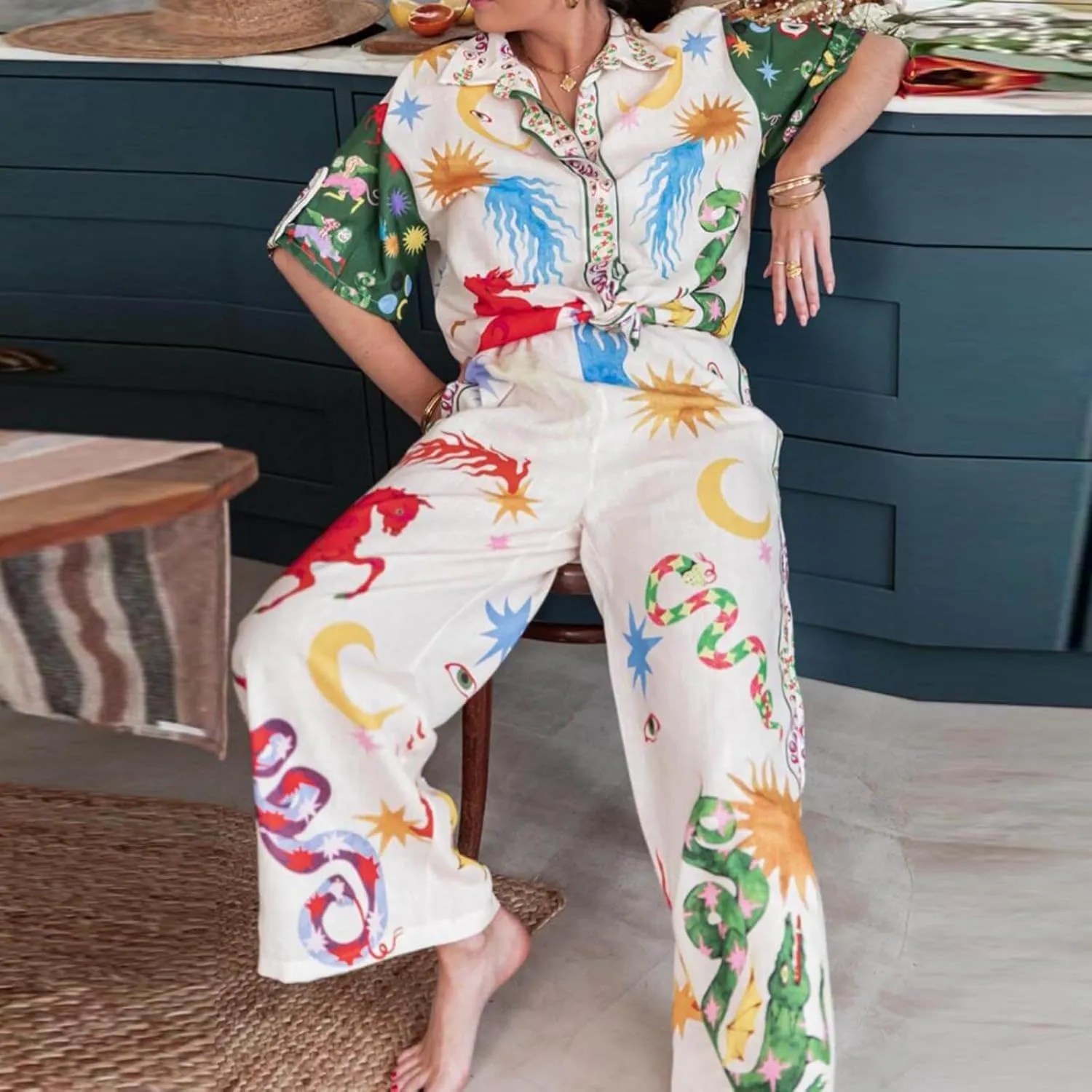 Womens 2 Piece Boho Pants Sets Printed Short Sleeve Button Down Shirt Wide Leg Pants Lounge Set Matching Outfits Beachwear