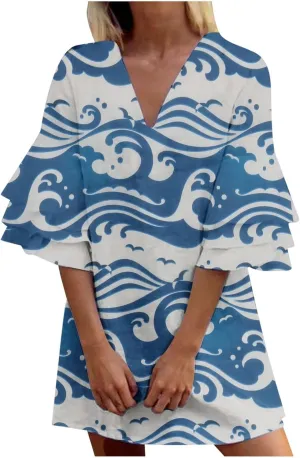 Womens 3/4 Bell Sleeve V Neck Elegant Mini Dress Floral Printed Beachwear Temperament Casual Resort Dress