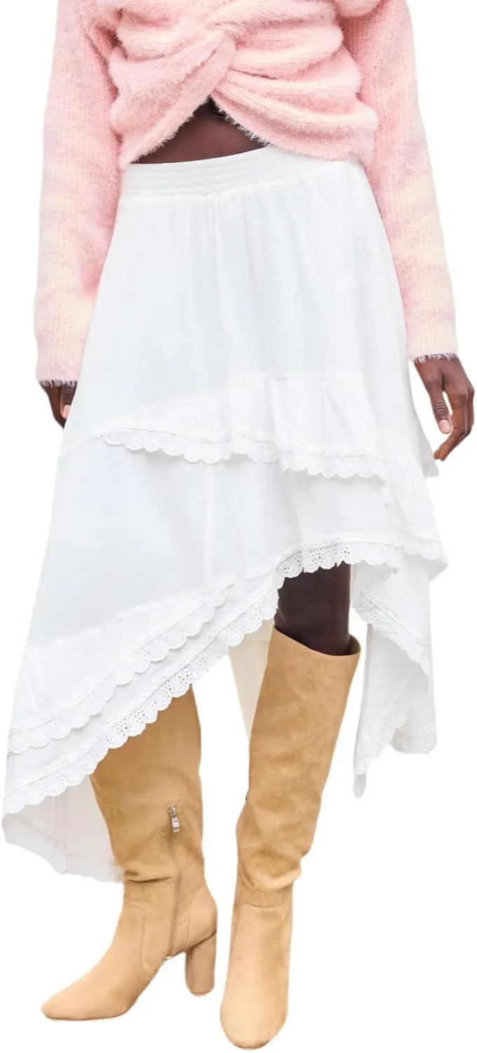 Women's Asymmetrical Layered Skirt Y2K Tiered Lace Trim Elastic High Waist A-Line Skirt for Summer Going Out Outfit