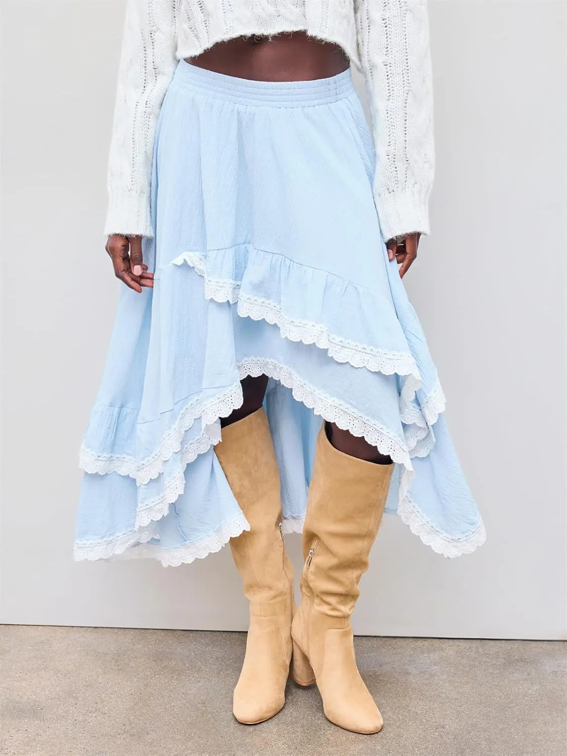 Women's Asymmetrical Layered Skirt Y2K Tiered Lace Trim Elastic High Waist A-Line Skirt for Summer Going Out Outfit