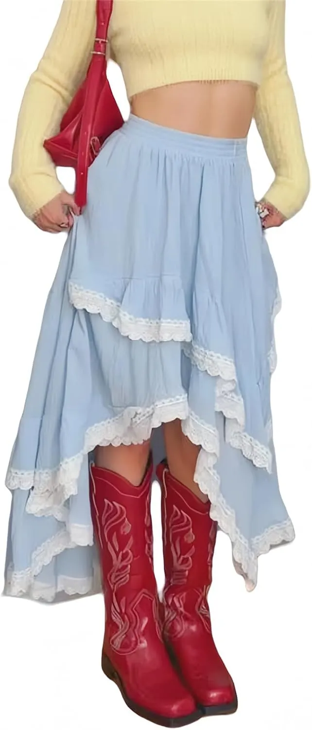 Women's Asymmetrical Layered Skirt Y2K Tiered Lace Trim Elastic High Waist A-Line Skirt for Summer Going Out Outfit
