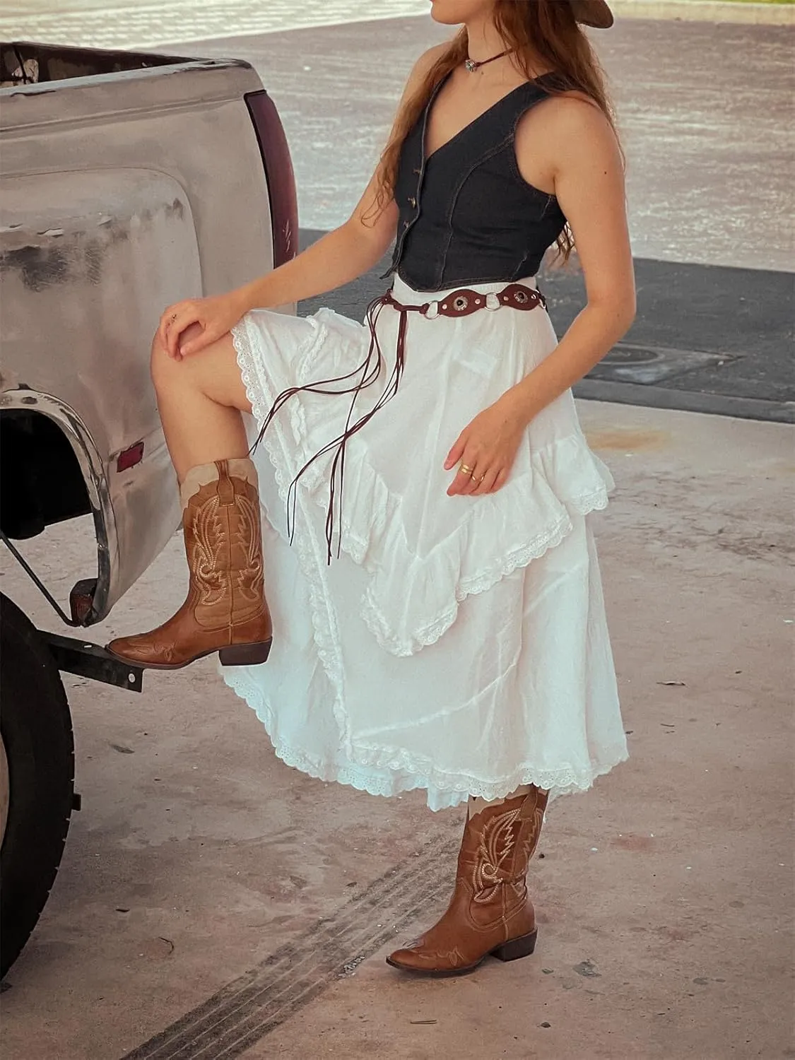 Women's Asymmetrical Layered Skirt Y2K Tiered Lace Trim Elastic High Waist A-Line Skirt for Summer Going Out Outfit