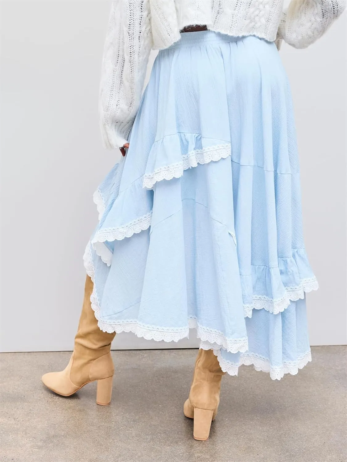 Women's Asymmetrical Layered Skirt Y2K Tiered Lace Trim Elastic High Waist A-Line Skirt for Summer Going Out Outfit